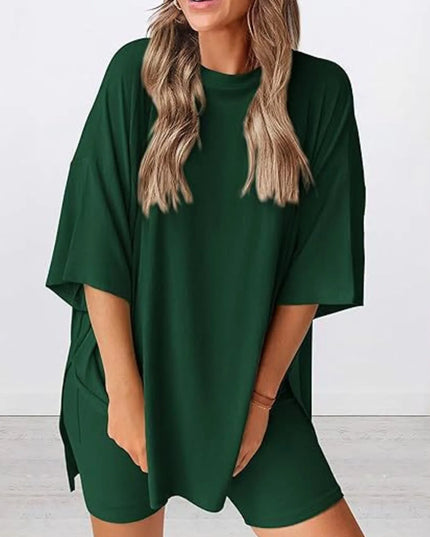 Full Size Oversized Slit Round Neck Top and Shorts Lounge Set Plus Size 