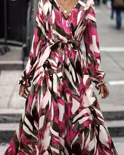 Printed Surplice Long Sleeve Maxi Dress