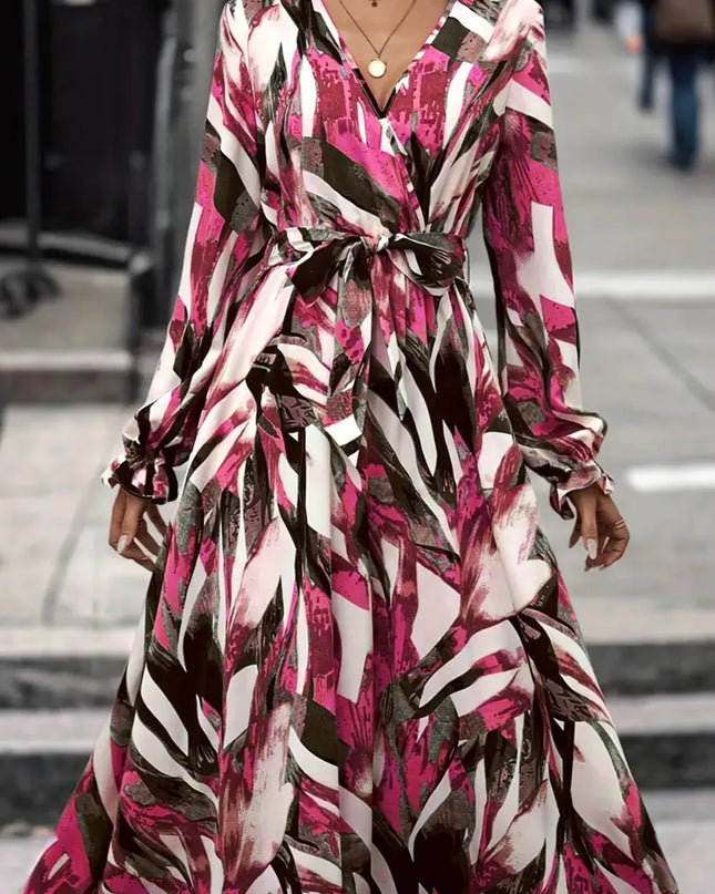 Printed Surplice Long Sleeve Maxi Dress