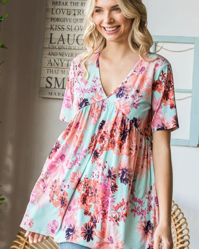 Heimish Full Size Floral V-Neck Short Sleeve Babydoll Blouse