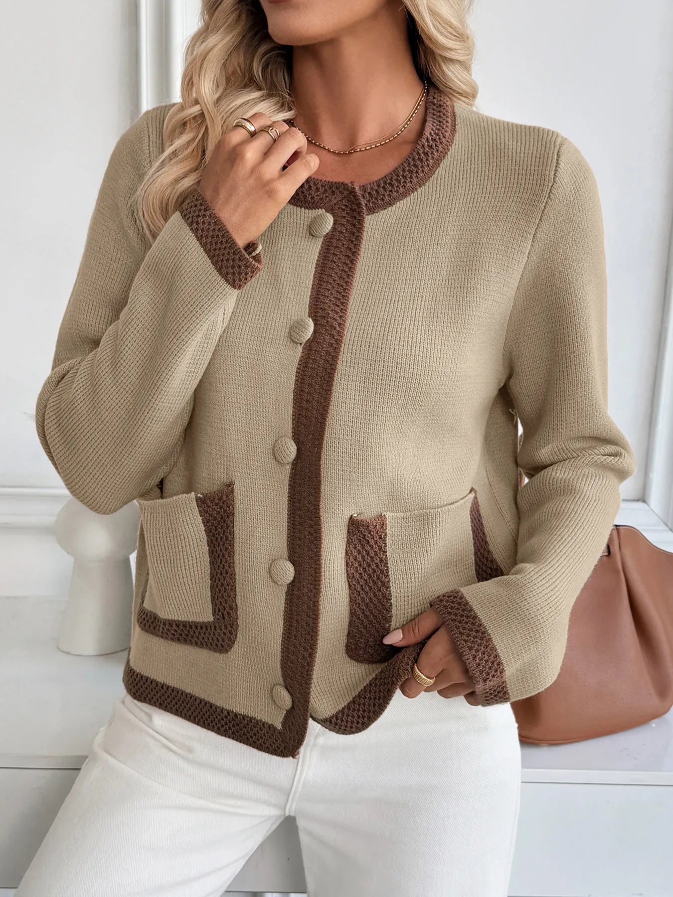 Button-Front Cardigan with Contrast Trim
