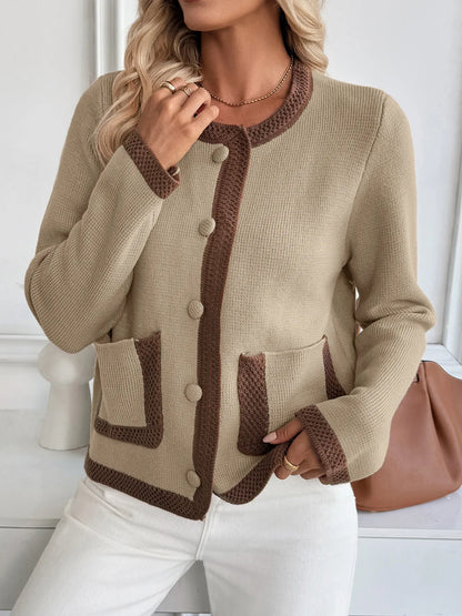 Button-Front Cardigan with Contrast Trim