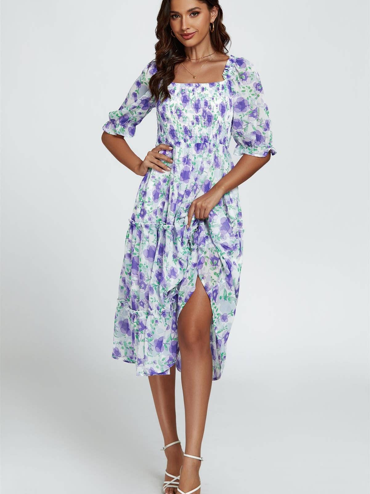 Floral Print Bardot Puff Sleeve Elasticated Detail Midi Dress in White