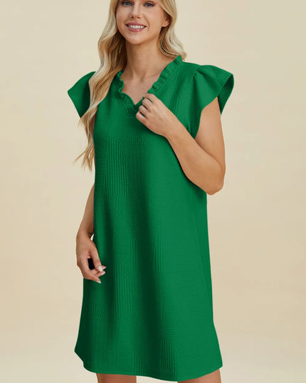 Double Take Full Size Ruffled V-Neck Cap Sleeve Dress Dark Green