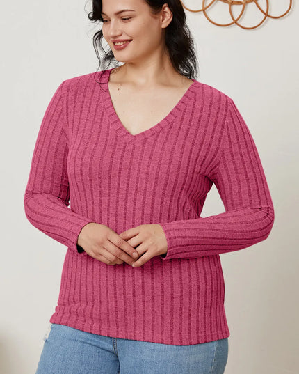Basic Bae Full Size Ribbed V-Neck Long Sleeve T-Shirt