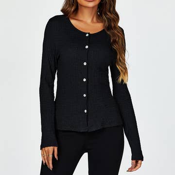 Button Down Ruched Stretch Long Sleeves Top in Black