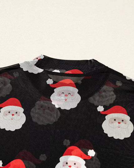 Christmas Santa Print Mesh Long Sleeve Top