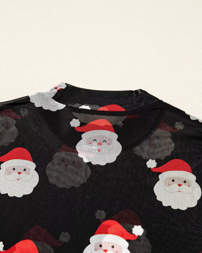 Christmas Santa Print Mesh Long Sleeve Top
