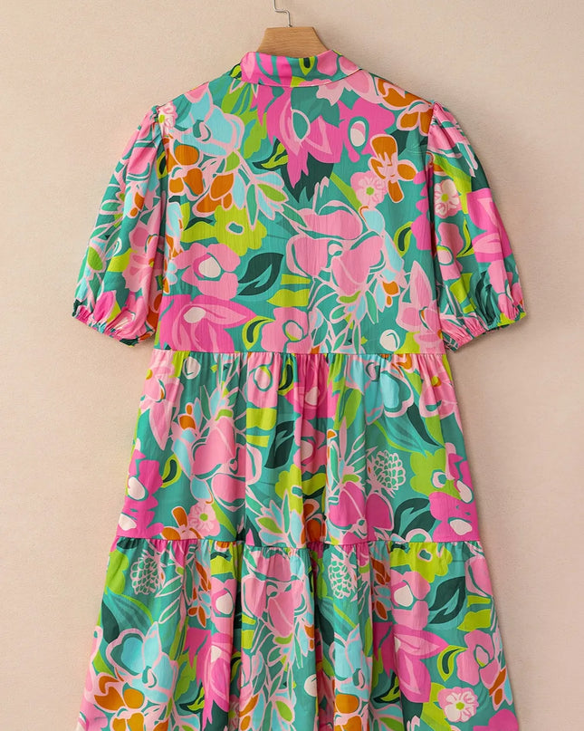 Printed Collared Neck Puff Sleeve Mini Dress