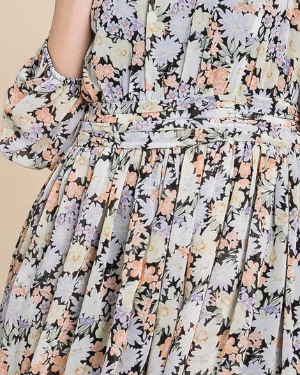 Lime 'N' Chili Chiffon Floral Print Belted Dress with Back Zipper 