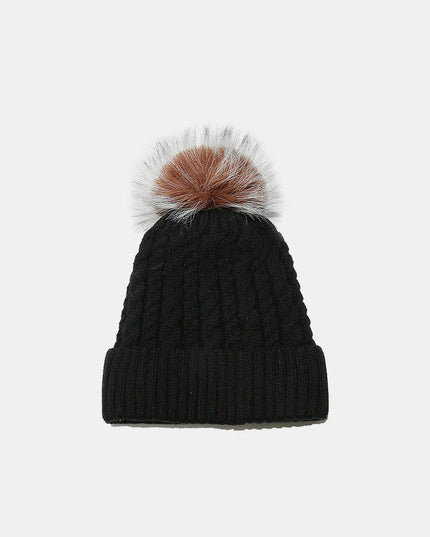 Cable Knit Winter Hat with Pompom Black One Size