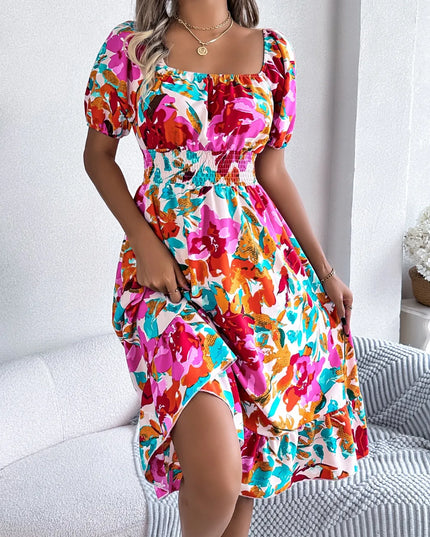 Ruffled Hem Smocked Floral Short Sleeve Midi Dress 