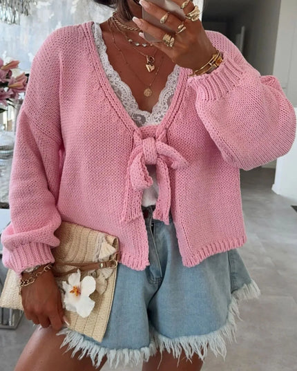 Tied Drop Shoulder Cardigan Pink