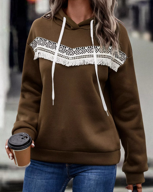 Fringe Detail Long Sleeve Drawstring Hoodie