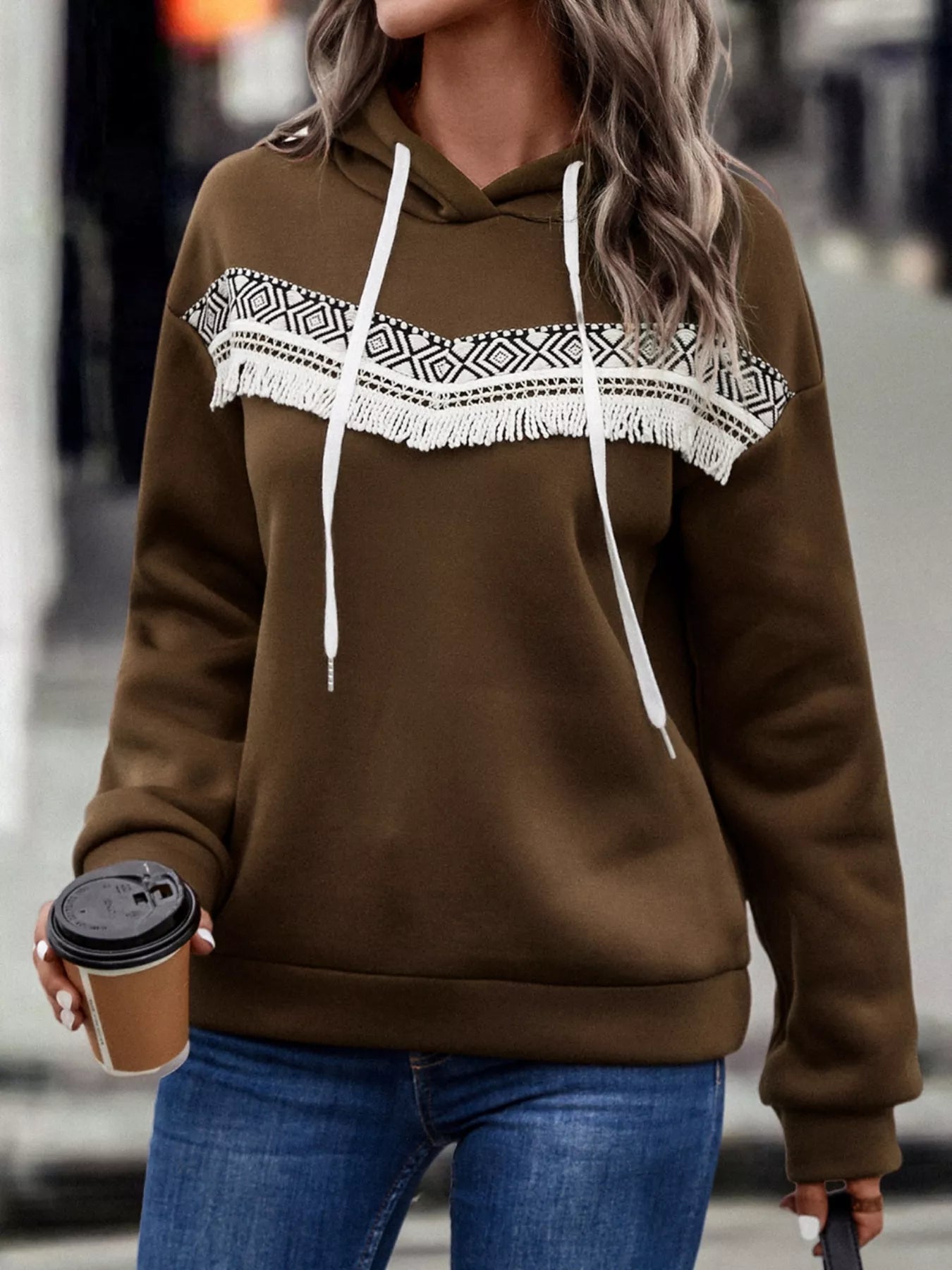 Fringe Detail Long Sleeve Drawstring Hoodie