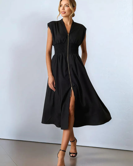 Smocked Zip Front Cap Sleeve Dress Black