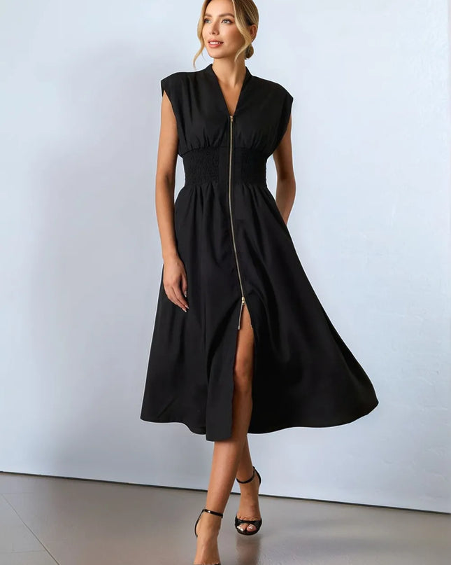 Smocked Zip Front Cap Sleeve Dress Black