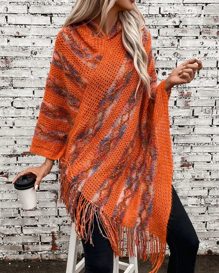 Fringe Contrast Hooded Poncho Terracotta One Size