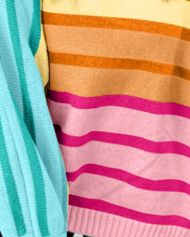 Contrast Striped Round Neck Long Sleeve Knit Top