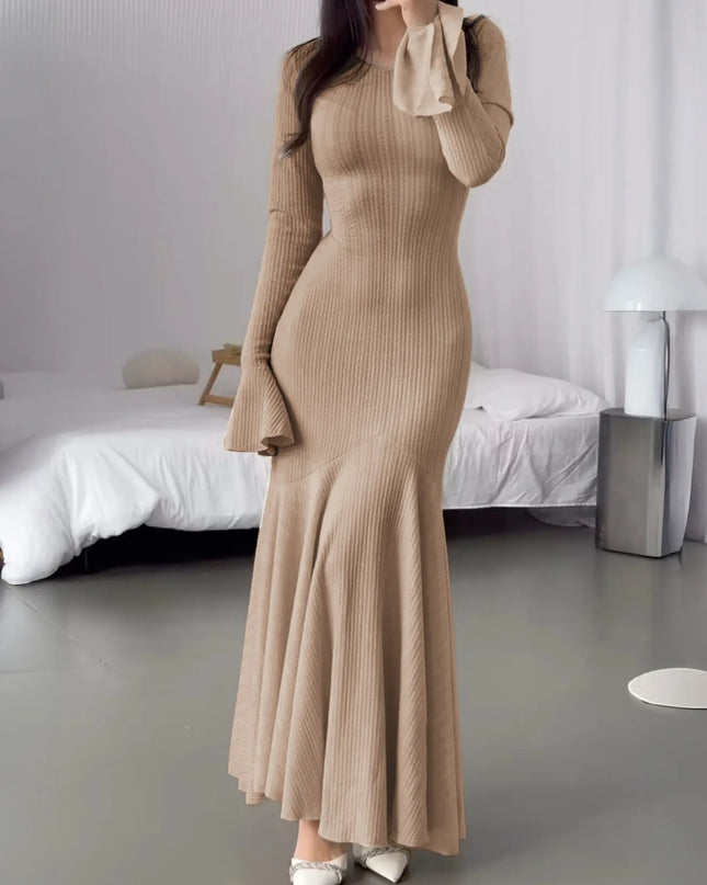 Elegant Ribbed Long Sleeve Mermaid Sweater Dress Khaki