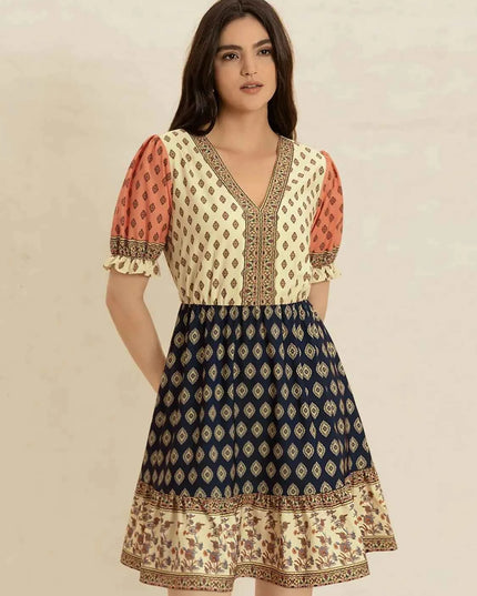 Printed V-Neck Short Sleeve Dress