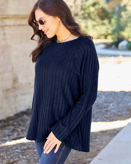 Basic Bae Full Size Ribbed Round Neck Long Sleeve Knit Top