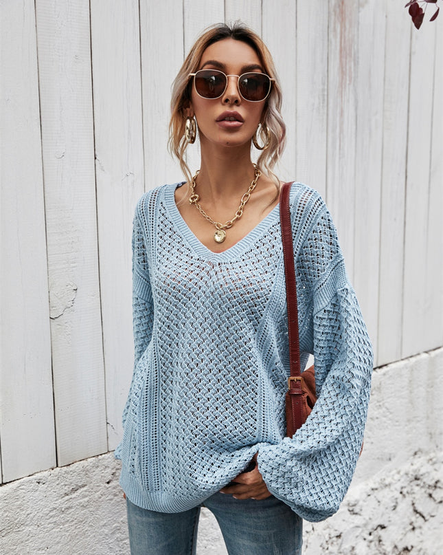 Angel Wings V-Neck Dropped Shoulder Sweater Misty Blue