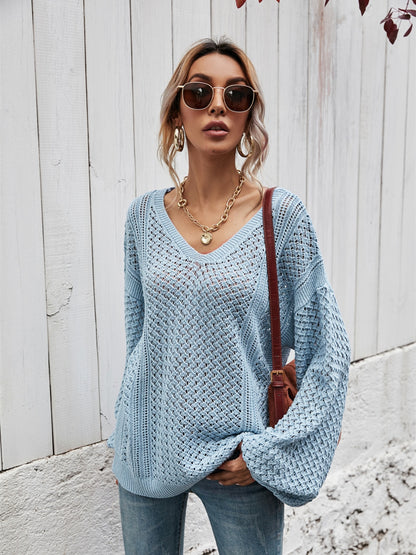 Angel Wings V-Neck Dropped Shoulder Sweater Misty Blue