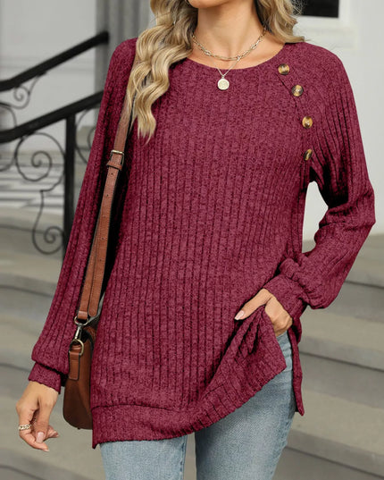 Ribbed Round Neck Long Sleeve T-Shirt
