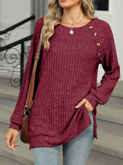 Ribbed Round Neck Long Sleeve T-Shirt