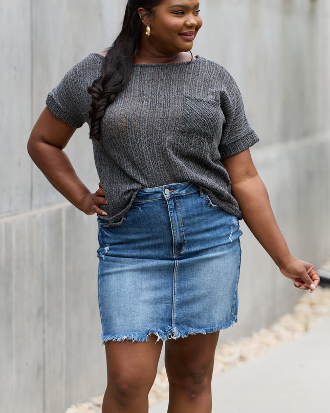 e.Luna Full Size Chunky Knit Short Sleeve Top in Gray