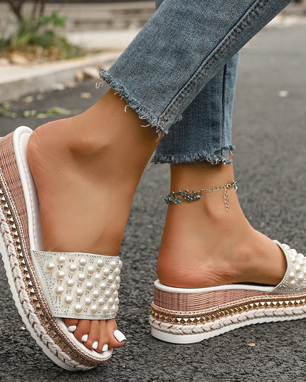 Pearl Embellished Platform Slide Sandals 