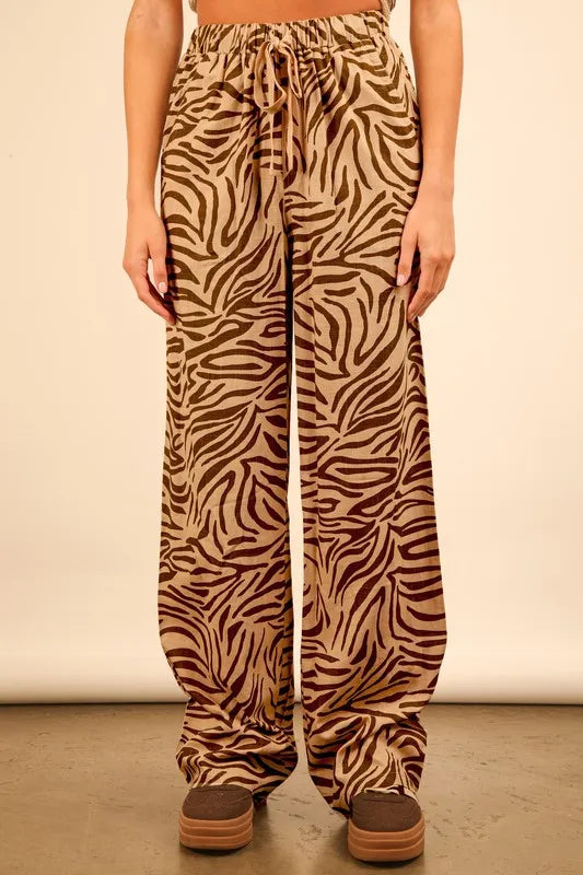 VERY J Animal Print Linen Wide Leg Pants Taupe Zebra