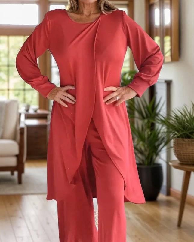 Full Size Slit Round Neck Long Sleeve Top and Pants Set