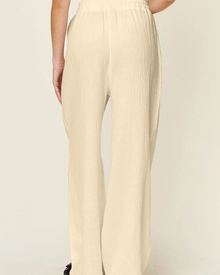 Double Take Full Size Texture Drawstring Wide Leg Pants