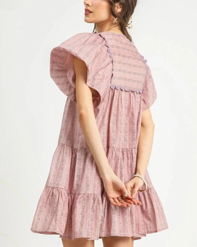 Umgee Floral Ruffled Cap Sleeve Tiered Mini Dress