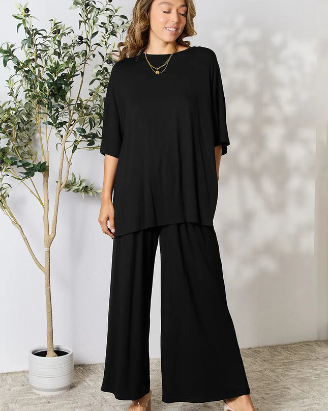 Double Take Full Size Round Neck Slit Top and Pants Set Black