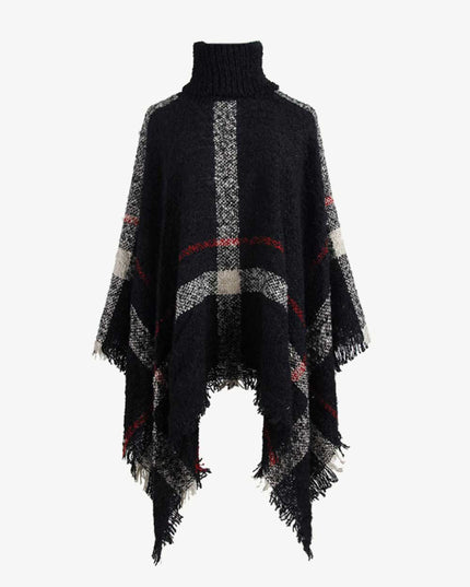 Plaid Turtleneck Raw Hem Poncho Black One Size