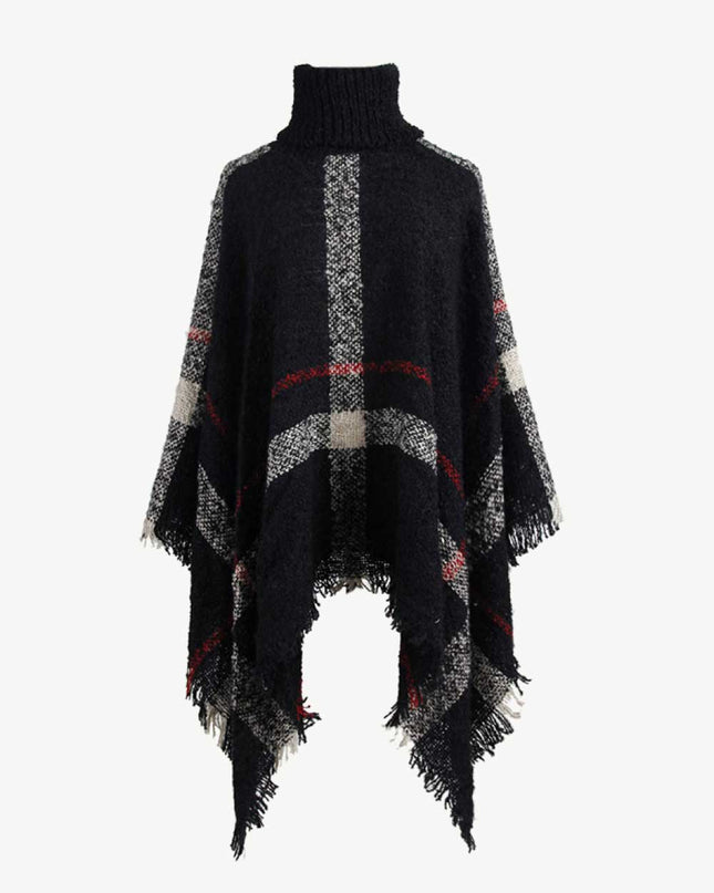 Plaid Turtleneck Raw Hem Poncho Black One Size