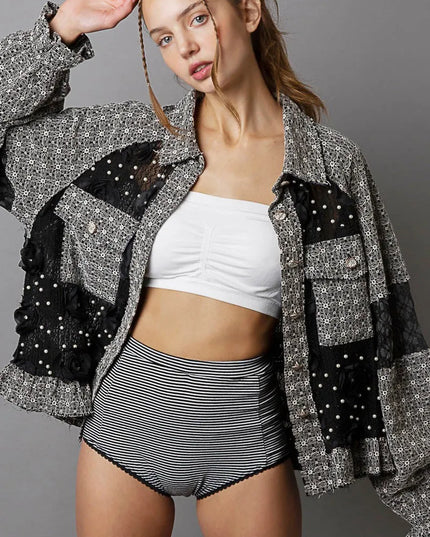 POL Eyelet Flower Pearl Detail Lace Patchwork Shirt 