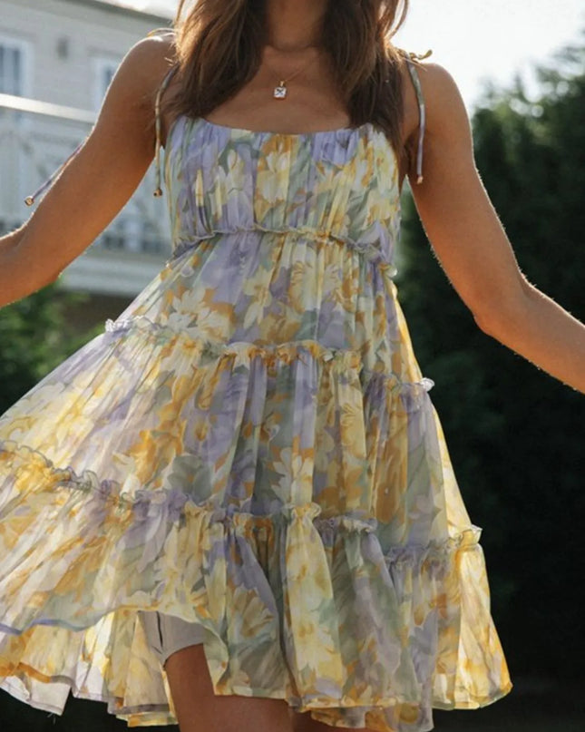 Frill Printed Square Neck Mini Cami Dress