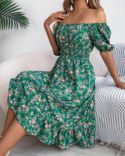 Ruffled Hem Floral Puff Sleeve Dress Dark Green