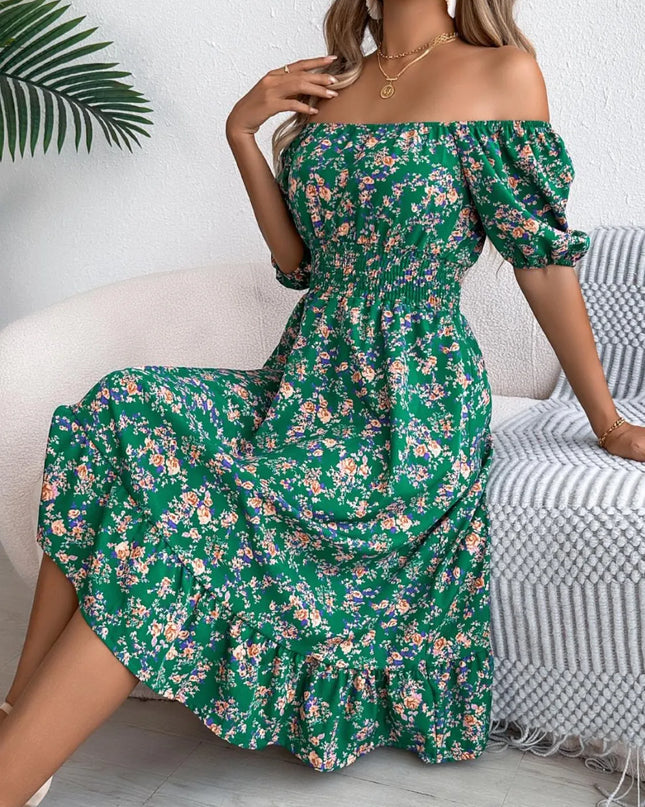 Ruffled Hem Floral Puff Sleeve Dress Dark Green