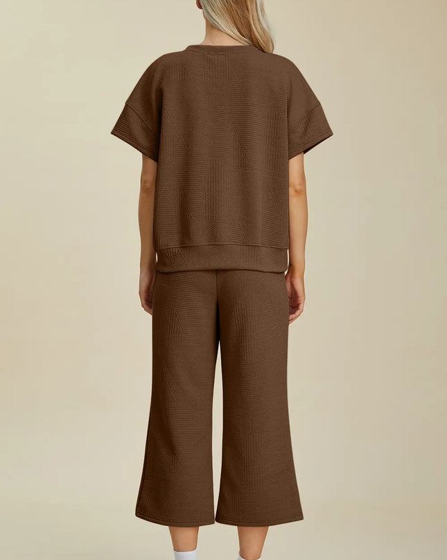 Double Take Full Size Texture Round Neck Top and Pants Set