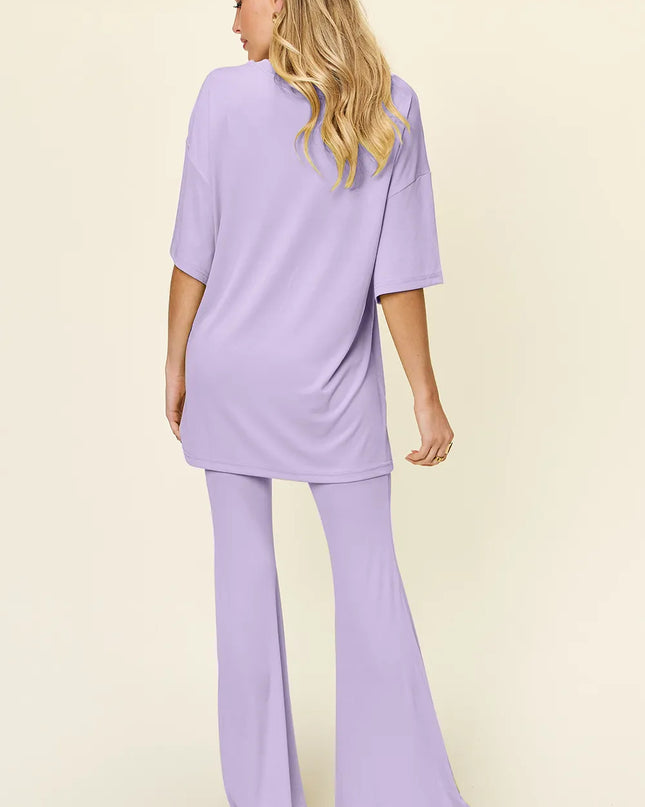 Double Take Full Size Round Neck Drop Shoulder T-Shirt and Flare Pants Set