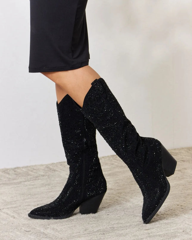 Forever Link Rhinestone Knee High Cowboy Boots Black