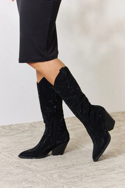 Forever Link Rhinestone Knee High Cowboy Boots Black