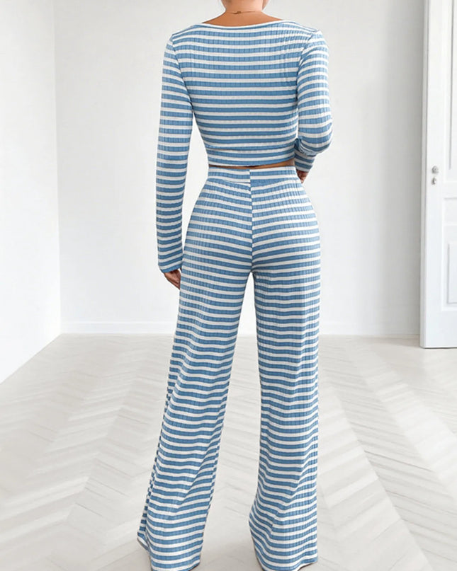 Striped Square Neck Long Sleeve Top and Pants Lounge Set