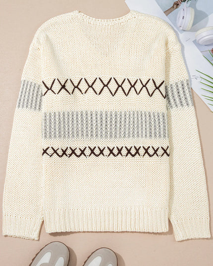 Contrast Stitch Detail V Neck Drop Shoulder Sweater