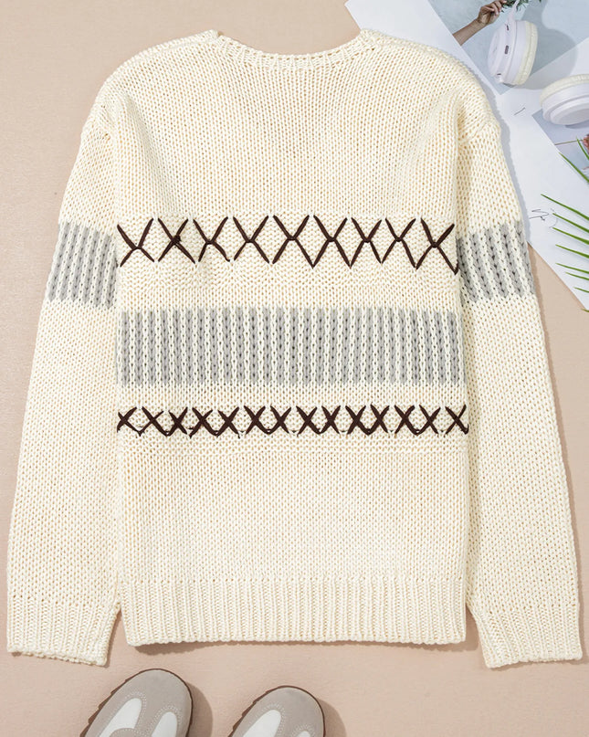 Contrast Stitch Detail V Neck Drop Shoulder Sweater